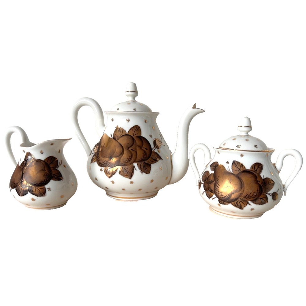 Antique Limoges Tea Set 3 piece Hand Painted Gold Fruit Leaf StarWhite Porcelain